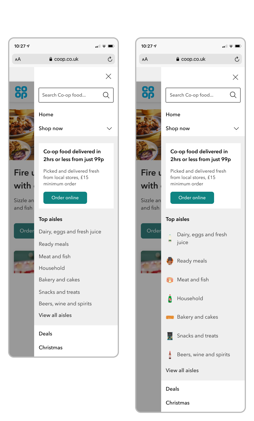 Two variants for A/B test, one showing the Shop now sub navigation with product icons next to each navigation item, and one showing the navigation items without any icons